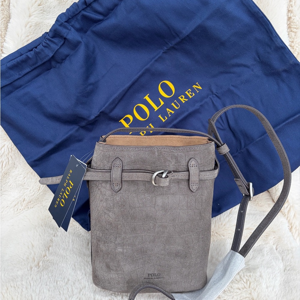 Polo by Ralph Lauren Grey Suede Crossbody Bucket Bag - Picture 2 of 7